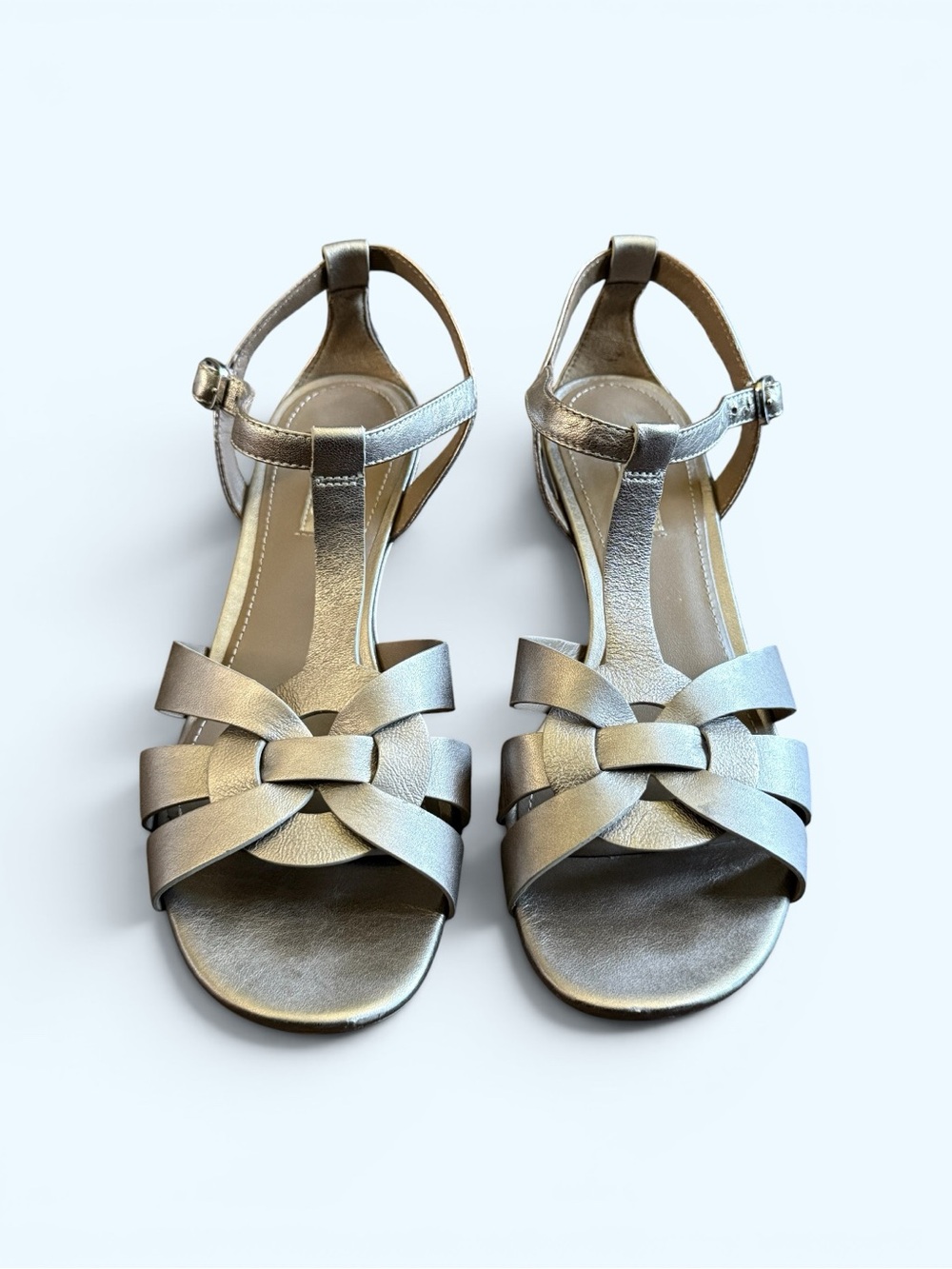 ECCO Metallic Silver T-Strap Braided Sandals Size 39